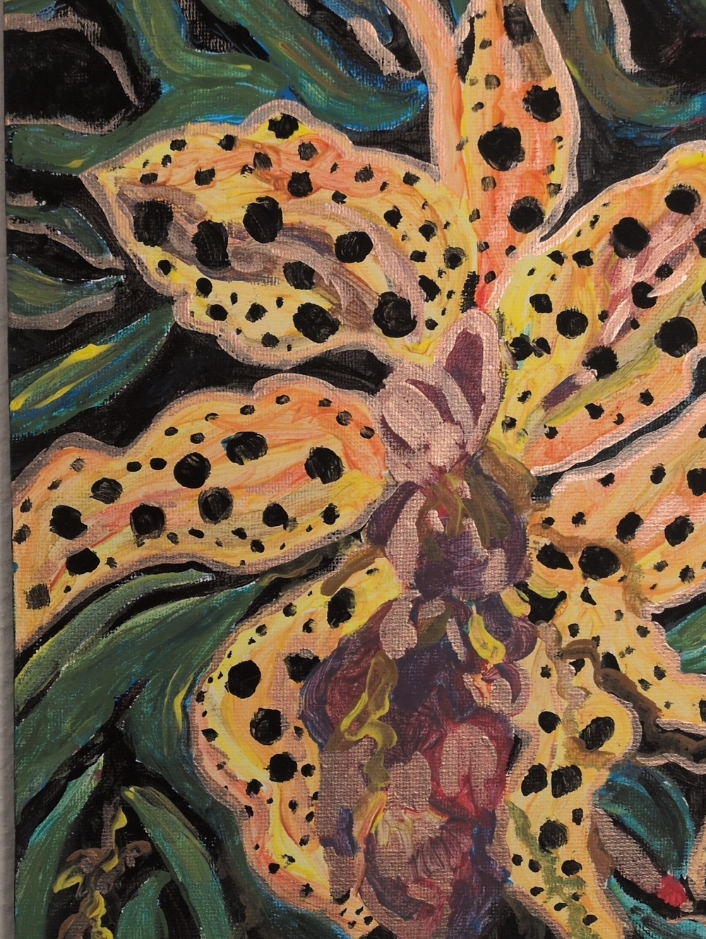 Bold Abstract Floral Canvas Wall Art in Yellow, Black, Green and Purple